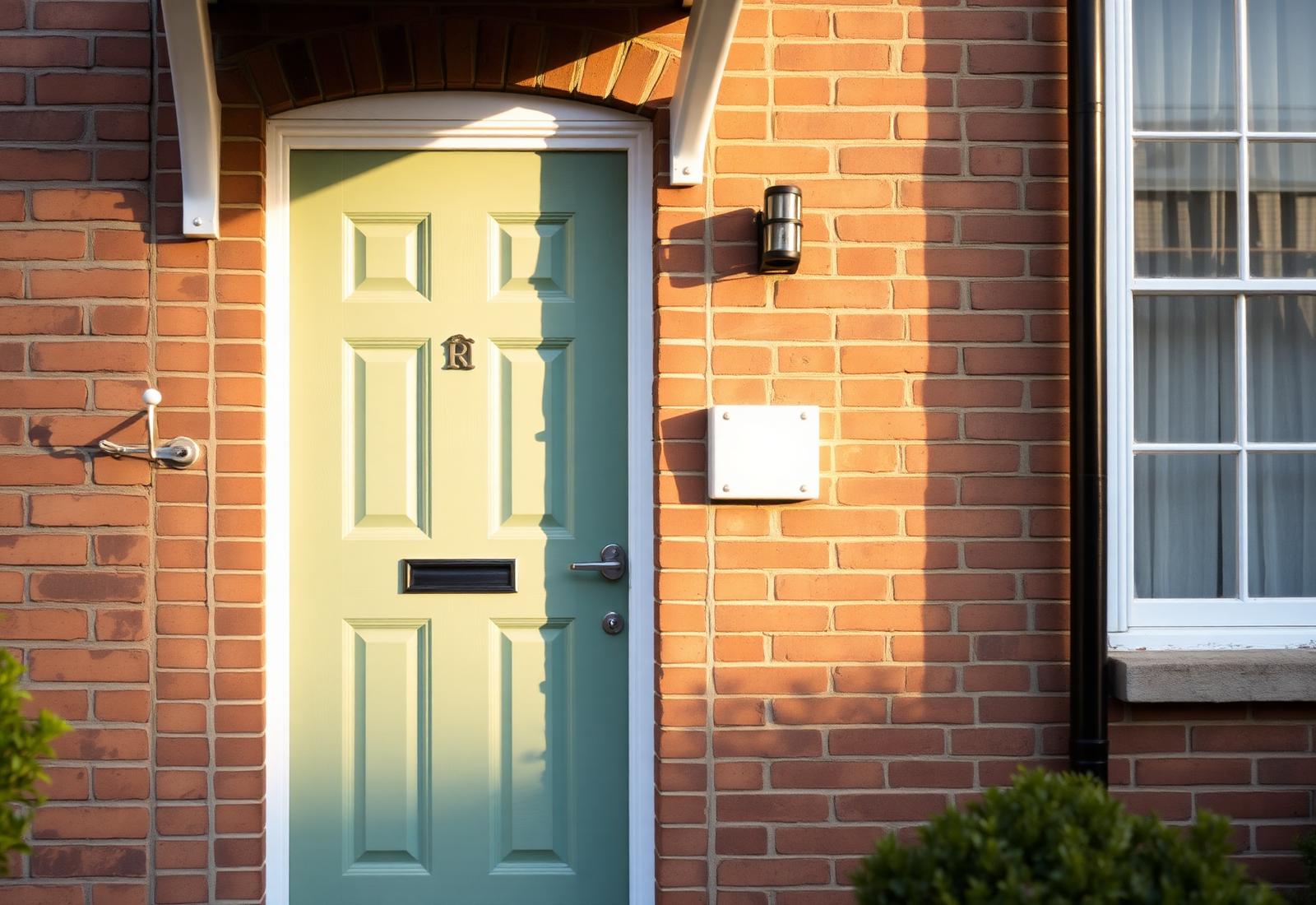 Front door of a UK terraced home in morning light